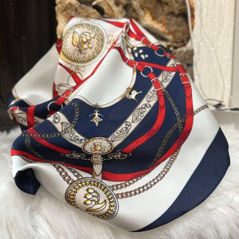 Women’s Elegant Square Scarf – Navy, Red & White Chain Print